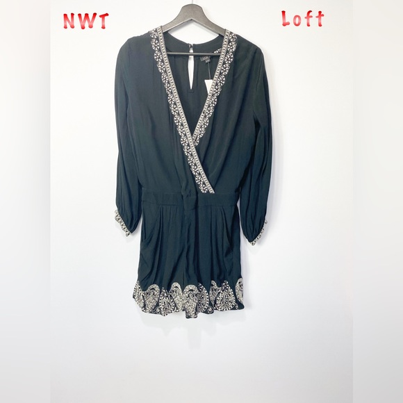 NWT-Loft Black V Neck Embroidered Romper XS - Picture 2 of 8